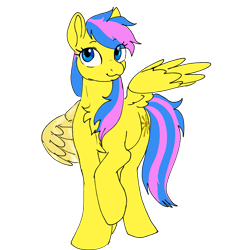 Size: 1567x1567 | Tagged: safe, artist:ketzelfeathers, imported from derpibooru, oc, oc only, oc:sunshine, pegasus, pony, derpibooru community collaboration, 2021 community collab, amputee, artificial wings, augmented, chest fluff, prosthetic limb, prosthetic wing, prosthetics, simple background, solo, transparent background, wings