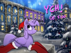 Size: 4000x3000 | Tagged: safe, artist:selenophile, imported from derpibooru, twilight sparkle, alicorn, advertisement, christmas, christmas lights, christmas tree, clothes, commission, hat, hearth's warming, holiday, santa hat, socks, stockings, thigh highs, tree, twilight sparkle (alicorn), ych example, your character here