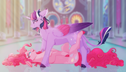 Size: 4354x2500 | Tagged: safe, artist:nyota71, imported from derpibooru, pinkie pie, twilight sparkle, alicorn, earth pony, pony, alternate hairstyle, body markings, chest fluff, cloven hooves, colored hooves, colored pupils, colored wings, ear fluff, female, leonine tail, lesbian, looking at each other, lying down, mare, on back, pale belly, pinned, redesign, shipping, smiling, spots, sunlight, this will end in snu snu, throne room, twilight sparkle (alicorn), twinkie, unshorn fetlocks, wings