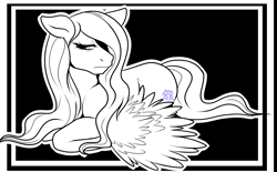 Size: 2061x1278 | Tagged: safe, artist:the-star-hunter, imported from derpibooru, fluttershy, pony, female, hair over one eye, lineart, lying down, mare, monochrome, prone, solo
