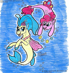 Size: 1492x1564 | Tagged: safe, artist:artistnjc, imported from derpibooru, pinkie pie, princess skystar, seapony (g4), my little pony: the movie, friendship, looking at each other, seaponified, seapony pinkie pie, seashell necklace, smiling, species swap, underwater