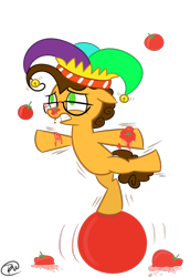 Size: 1100x1600 | Tagged: safe, artist:rem-ains, imported from derpibooru, cheese sandwich, earth pony, pony, abuse, balancing, ball, bipedal, colt, food, male, simple background, solo, tomato, transparent background, younger