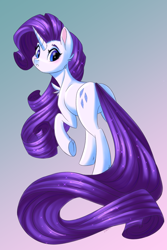 Size: 3000x4500 | Tagged: safe, artist:faline-art, imported from derpibooru, rarity, pony, unicorn, beautiful, cute, female, long mane, long tail, looking back, mare, raised hoof, solo, underhoof