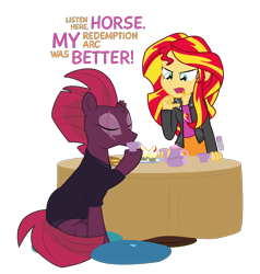 Size: 1200x1260 | Tagged: safe, artist:dm29, imported from derpibooru, sunset shimmer, tempest shadow, unicorn, equestria girls, broken horn, cupcake, drinking, duo, eye scar, eyes closed, food, horn, open mouth, pillow, pointing at self, redemption, scar, simple background, table, tea, transparent background
