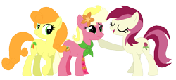 Size: 953x435 | Tagged: safe, artist:acuteexposure, artist:box-of-ideas, artist:selenaede, imported from derpibooru, carrot top, golden harvest, roseluck, oc, oc only, oc:floral fragrance (ice1517), earth pony, pony, icey-verse, base used, carrotluck, clothes, commission, eyes closed, family, female, flower, flower in hair, lesbian, magical lesbian spawn, mare, mother and child, mother and daughter, offspring, open mouth, parent:carrot top, parent:roseluck, parents:carrotluck, raised hoof, scarf, shipping, simple background, solo, tattoo, transparent background