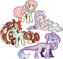 Size: 2255x2148 | Tagged: safe, artist:the-star-hunter, imported from derpibooru, oc, oc only, dracony, dragon, earth pony, hybrid, pegasus, pony, unicorn, bow, braid, chest fluff, clothes, earth pony oc, hair bow, horn, horns, one eye closed, pegasus oc, raised hoof, scarf, simple background, transparent background, unicorn oc, wings, wink