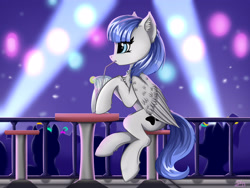 Size: 3850x2890 | Tagged: safe, artist:singovih, imported from derpibooru, oc, oc only, oc:snow pup, pegasus, pony, club, collar, drinking, drinking straw, folded wings, glowstick, light, nightclub, paw prints, pegasus oc, pet tag, railing, rave, silhouettes, sitting, solo, stool, wings