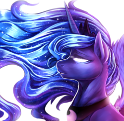 Size: 1920x1867 | Tagged: safe, artist:the-star-hunter, imported from derpibooru, princess luna, alicorn, pony, 2018, bust, ethereal mane, female, glowing eyes, mare, peytral, simple background, solo, starry mane, white background