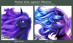 Size: 3175x1888 | Tagged: safe, artist:the-star-hunter, imported from derpibooru, princess luna, alicorn, pony, bust, comparison, draw this again, duo, ethereal mane, female, glowing eyes, mare, redraw, starry mane