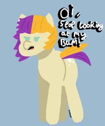 Size: 5000x6000 | Tagged: safe, artist:switcharoo, imported from derpibooru, oc, oc only, oc:switcharoo, oc:switchie, earth pony, pony, angry, annoyed, blue background, butt, earth pony oc, female, looking at you, looking back, mare, plot, shiny butt, simple background, solo, text, watermark