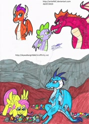 Size: 1280x1790 | Tagged: safe, artist:artistnjc, imported from derpibooru, fluttershy, garble, princess ember, smolder, spike, dragon, pegasus, pony, sweet and smoky, confused, dragon egg, dragon lord ember, egg, faceoff, looking at each other, nose to nose, staredown