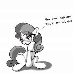 Size: 2048x2048 | Tagged: safe, artist:stammis, imported from derpibooru, sweetie belle, pony, bimbo, blushing, eyeshadow, lipstick, makeup, monochrome, solo