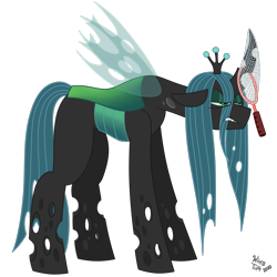 Size: 1620x1620 | Tagged: safe, artist:wispy tuft, imported from derpibooru, queen chrysalis, changeling, changeling queen, pony, antagonist, bug net, cheeselegs, crown, female, jewelry, long legs, png, regalia, silly, simple background, solo, transparent background, villian, waifu