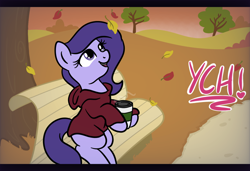 Size: 1536x1050 | Tagged: safe, artist:lannielona, imported from derpibooru, pony, advertisement, autumn, bench, bush, clothes, coffee, coffee cup, commission, cup, grass, hoodie, hoof hold, hot drink, leaves, path, sky, smiling, solo, tree, your character here