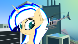 Size: 5120x2880 | Tagged: safe, artist:just rusya, imported from derpibooru, oc, oc only, oc:4 bore, pony, unicorn, building, giant pony, helicopter, macro, skyscraper, solo