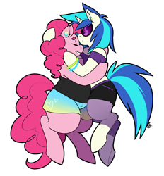 Size: 2760x2968 | Tagged: safe, artist:collaredginger, imported from derpibooru, dj pon-3, pinkie pie, vinyl scratch, anthro, earth pony, pony, unicorn, chubby, fat, female, lesbian, pudgy pie, shipping, simple background, transparent background, vinylpie