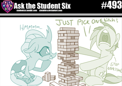 Size: 800x563 | Tagged: safe, artist:sintakhra, edit, imported from derpibooru, ocellus, sandbar, changedling, changeling, pony, tumblr:studentsix, annoyed, cpu usage, cute, diaocelles, duo, hmm, hoof on chin, jenga, nose in the air, post-it, spread hooves, text, vulgar