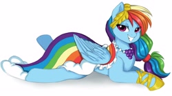 Size: 3804x2126 | Tagged: safe, artist:nijidashiey7, imported from derpibooru, rainbow dash, pegasus, pony, clothes, dignified wear, dress, female, gala dress, high res, lying down, mare, prone, simple background, smiling, solo, white background