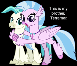 Size: 3700x3200 | Tagged: safe, artist:cheezedoodle96, edit, imported from ponybooru, silverstream, terramar, classical hippogriff, hippogriff, school daze, surf and/or turf, .svg available, brother and sister, caption, cute, diastreamies, duo, female, happy, hug, image macro, looking at you, male, raised hoof, siblings, simple background, smiling, svg, terrabetes, text, text edit, transparent background, vector