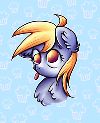 Size: 3114x3829 | Tagged: safe, artist:coco-drillo, imported from derpibooru, derpy hooves, pegasus, pony, :p, blepping, bust, chest fluff, colorful, colourful, cute, derp, diabetes, ear fluff, floppy ears, food, licking, muffin, outline, simple background, solo, tongue out