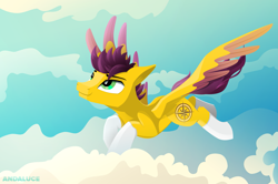 Size: 3043x2018 | Tagged: safe, artist:andaluce, imported from derpibooru, oc, oc only, oc:yellow jack, pegasus, pony, cloud, flying, lineless, sky, solo, spread wings, wings