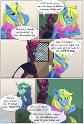 Size: 4450x6600 | Tagged: safe, artist:lilac blaze, imported from derpibooru, tempest shadow, oc, oc:elytron, oc:sassy spirits, anthro, changeling, unguligrade anthro, unicorn, comic:livestream, changeling oc, clothes, colored, comic, ear fluff, elbow fluff, fishnet clothing, fishnets, jewelry, leather, lockers, mohawk, necklace, pearl necklace, pleated skirt, skirt