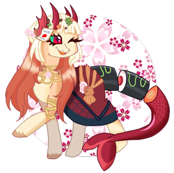 Size: 2243x2229 | Tagged: safe, artist:ponyrasmeii, imported from derpibooru, oc, oc only, oc:akemi (ice1517), pony, seapony (g4), candy gore, clothes, commission, dress, food, gore, jewelry, necklace, nonbinary, one eye closed, open mouth, raised hoof, raised leg, regalia, simple background, skirt, solo, sushi, sushi pony, transparent background, unshorn fetlocks, wink