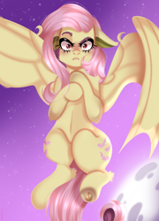 Size: 738x1024 | Tagged: safe, artist:tayblossom, imported from derpibooru, fluttershy, bat pony, pony, bat ponified, cutie mark, female, flutterbat, flying, frown, hooves to the chest, looking at you, mare, moon, night, race swap, raised eyebrow, solo, starry night, underhoof