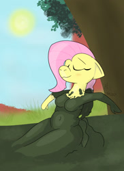 Size: 930x1280 | Tagged: safe, artist:sebaku, imported from derpibooru, fluttershy, anthro, breasts, busty fluttershy, covered in mud, eyes closed, messy, mud, mud bath, solo, squishy, wet and messy