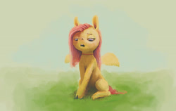 Size: 3080x1947 | Tagged: safe, artist:sharpieboss, imported from derpibooru, fluttershy, pegasus, pony, female, fluffy, grass, jewelry, looking down, mare, missing cutie mark, necklace, open mouth, sitting, solo, solo female, spread wings, wings