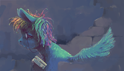 Size: 2150x1229 | Tagged: safe, artist:sharpieboss, imported from derpibooru, rainbow dash, pegasus, pony, brick wall, female, fluffy, mare, monocle, radio, solo, solo female, spread wings, wings
