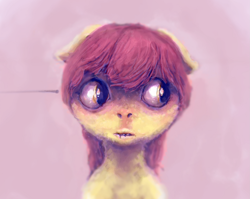 Size: 2163x1719 | Tagged: safe, artist:sharpieboss, imported from derpibooru, apple bloom, pony, bust, ears back, female, filly, floppy ears, foal, missing accessory, pink background, scared, simple background, solo, solo female, uncanny valley, wide eyes