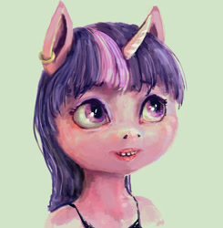 Size: 1284x1310 | Tagged: safe, artist:sharpieboss, imported from derpibooru, twilight sparkle, anthro, bust, clothes, dress, ear piercing, earring, eyebrows, green background, jewelry, lipstick, makeup, nightmare fuel, piercing, simple background, smiling, solo, style emulation, uncanny valley