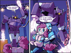 Size: 1000x750 | Tagged: safe, artist:caseycoller, edit, idw, imported from derpibooru, pinkie pie, earth pony, pony, spoiler:comic, spoiler:friendship in disguise, spoiler:friendship in disguise02, autobot, comic, crossover, decepticon, female, gauge, gauge (autobot), mare, shockwave, spatula, text edit