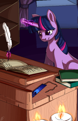 Size: 450x700 | Tagged: safe, artist:tigra0118, imported from derpibooru, twilight sparkle, pony, unicorn, book, candle, fanart, fire, levitation, magic, my little pony, pixel art, quill, sitting, solo, telekinesis, unicorn twilight