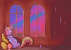 Size: 2923x2051 | Tagged: safe, artist:sharpieboss, imported from derpibooru, rainbow dash, pegasus, pony, curtains, facing away, female, mare, pillow, resting, room, sky, solo, solo female, window
