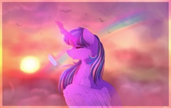 Size: 2048x1297 | Tagged: safe, artist:aaa-its-spook, imported from derpibooru, twilight sparkle, alicorn, bird, pony, cloud, crying, feather, female, implied lesbian, implied rainbow dash, implied shipping, implied twidash, magic, mare, rainbow, solo, sun, tears of joy, teary eyes, telekinesis, twilight sparkle (alicorn)