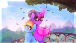 Size: 1024x576 | Tagged: safe, artist:aaa-its-spook, imported from derpibooru, rainbow dash, twilight sparkle, alicorn, pegasus, pony, alternate hairstyle, book, female, glasses, hair bun, leaf, lesbian, magic, mare, shipping, size difference, telekinesis, tree, twidash, twilight sparkle (alicorn)