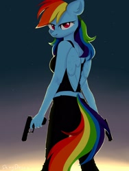 Size: 1622x2160 | Tagged: safe, artist:shiny-dust, imported from derpibooru, rainbow dash, anthro, alternate hairstyle, ass, badass, badass rainbow dash, breasts, butt, clothes, dual wield, female, gun, handgun, jeans, looking at you, midriff, no trigger discipline, pants, pistol, solo, stupid sexy rainbow dash, tanktop, weapon