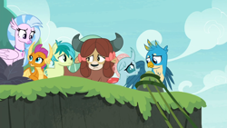 Size: 1366x768 | Tagged: safe, imported from derpibooru, screencap, gallus, ocellus, sandbar, silverstream, smolder, yona, changedling, changeling, dragon, earth pony, griffon, hippogriff, pony, yak, non-compete clause, dragoness, female, male, student six