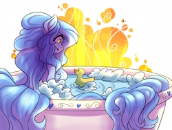 Size: 2160x1620 | Tagged: safe, artist:demon-belle, imported from derpibooru, oc, oc only, oc:dozy down, earth pony, pony, bathtub, female, mare, rubber duck, solo