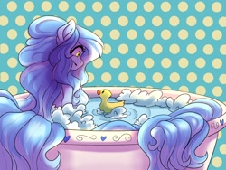 Size: 2160x1620 | Tagged: safe, alternate version, artist:demon-belle, imported from derpibooru, oc, oc only, oc:dozy down, earth pony, pony, bathtub, earth pony oc, female, looking down, mare, rubber duck, solo