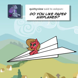 Size: 1000x1000 | Tagged: safe, artist:ariah101, imported from derpibooru, oc, oc only, oc:pun, earth pony, pony, ask pun, ask, paper airplane, solo