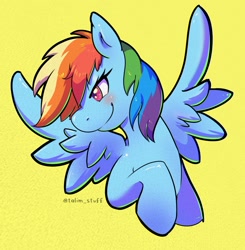 Size: 1300x1325 | Tagged: safe, artist:talim_stuff, artist:talimingi, imported from derpibooru, rainbow dash, pegasus, pony, confident, raised hoof, simple background, solo, spread wings, wings, yellow background