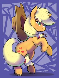 Size: 1200x1591 | Tagged: safe, artist:talim_stuff, artist:talimingi, imported from derpibooru, applejack, earth pony, pony, applejack's hat, bipedal, colored hooves, cowboy hat, female, grin, hat, mare, rearing, smiling, solo, stetson