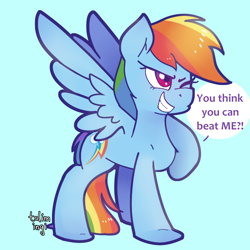 Size: 900x900 | Tagged: safe, artist:talimingi, imported from derpibooru, rainbow dash, pegasus, pony, blue background, dialogue, female, mare, one eye closed, simple background, solo, speech bubble