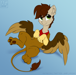 Size: 1800x1762 | Tagged: safe, artist:airfly-pony, imported from derpibooru, oc, oc only, oc:swango, griffon, hybrid, pony, eye clipping through hair, male, paw pads, paws, smiling, solo, spread wings, underpaw, wings