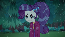 Size: 1920x1080 | Tagged: safe, imported from derpibooru, screencap, rarity, equestria girls, equestria girls series, inclement leather, lip bite, makeup, running makeup, sad, solo, wet hair, wet hairity