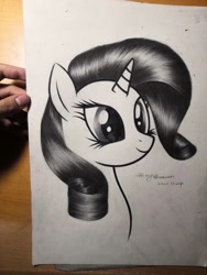 Size: 720x960 | Tagged: source needed, safe, artist:henry forewen, imported from derpibooru, rarity, pony, unicorn, grayscale, hand, monochrome, pencil drawing, photo, solo, traditional art