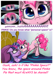 Size: 1500x2116 | Tagged: safe, artist:chopsticks, imported from derpibooru, pinkie pie, twilight sparkle, alicorn, earth pony, pony, bed, behaving like a cat, boop, cheek fluff, chest fluff, close-up, comic, comically missing the point, cute, diapinkes, ear fluff, female, gold tooth, mare, morning ponies, noseboop, personal space invasion, pinkie being pinkie, pinkie logic, text, twilight sparkle (alicorn), unshorn fetlocks